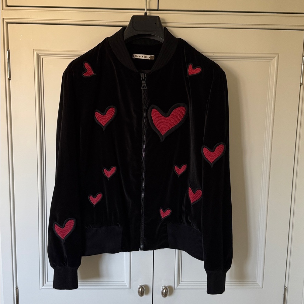 Alice + Olivia Embroidered Heart Velvet Velour Bomber Jacket Black - Small - Picture 5 of 10